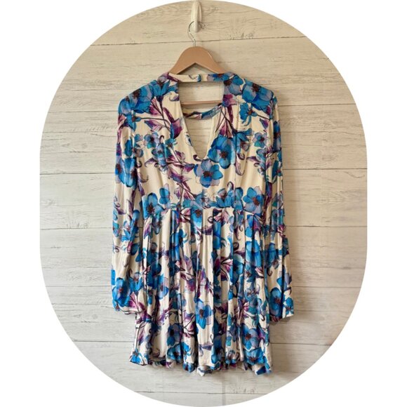 Free People Tegan Blue Floral Long Sleeve Mini Dress - Picture 3 of 4